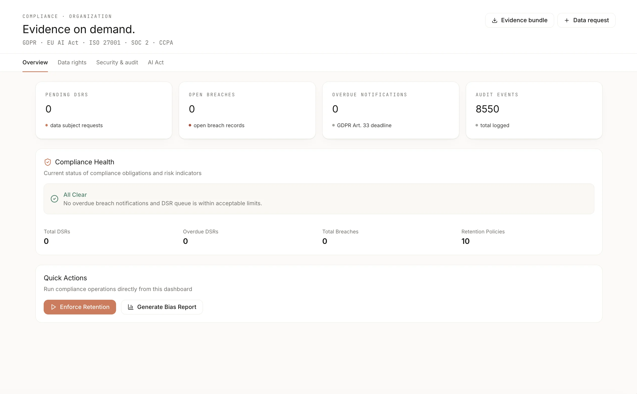 OneMachine Compliance Cockpit mit Evidence und Audit-Funktionen