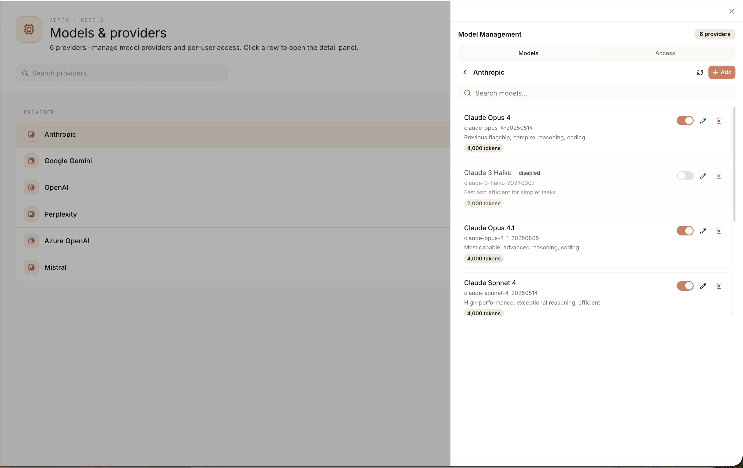 OneMachine Models & Providers Admin-Ansicht